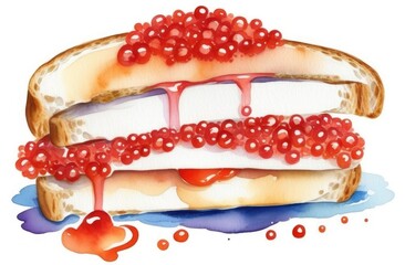 sandwich with red caviar watercolor illustration.