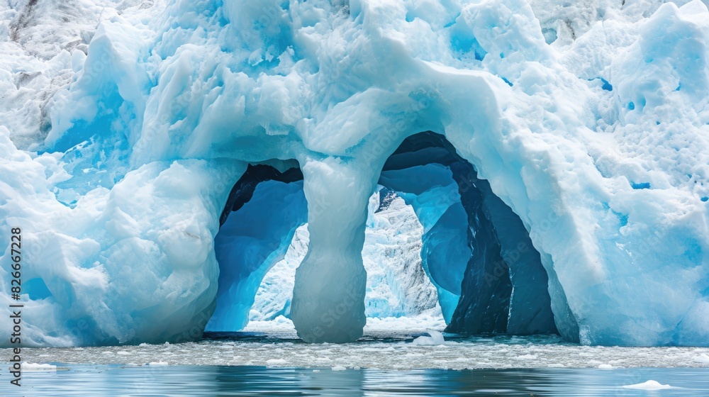 Poster a large hole in a block of ice. the water is calm and the ice is blue. the hole is large enough to f