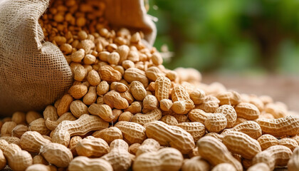 Peanuts in jute sack bag, background is peanut farm, roasted peanuts are poured and overturned
