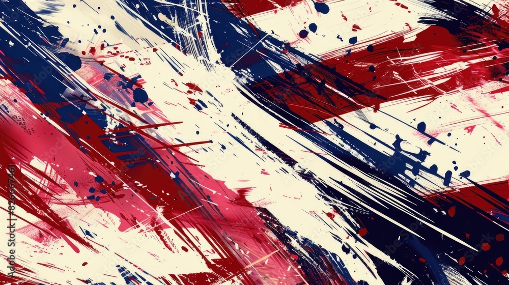 Poster a painting of the american flag with splatters of paint. the splatters create a sense of chaos and d
