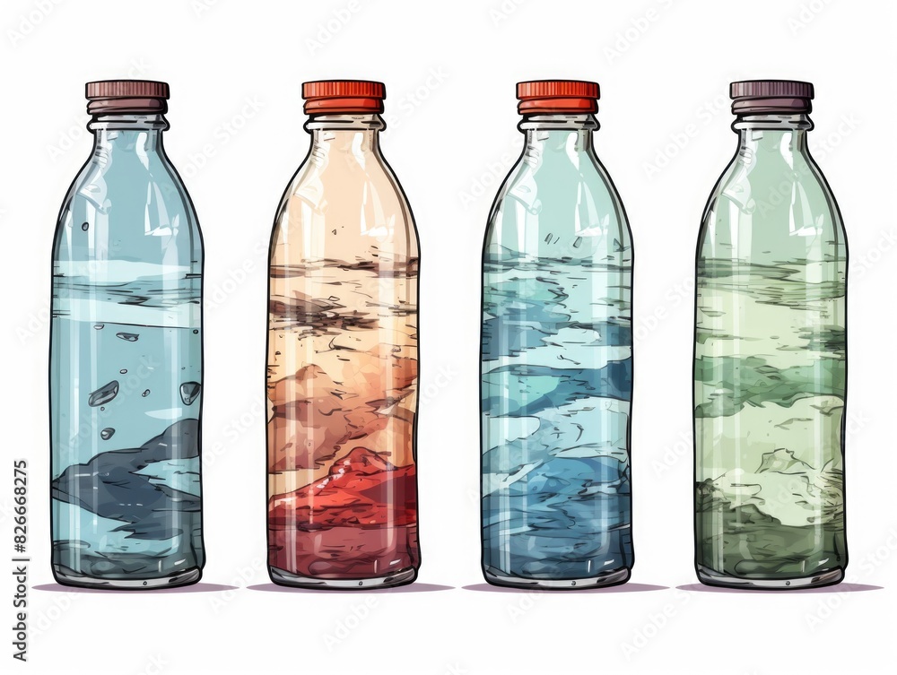 Poster four bottles of water with different colors and a red cap. the bottles are arranged in a row, with t