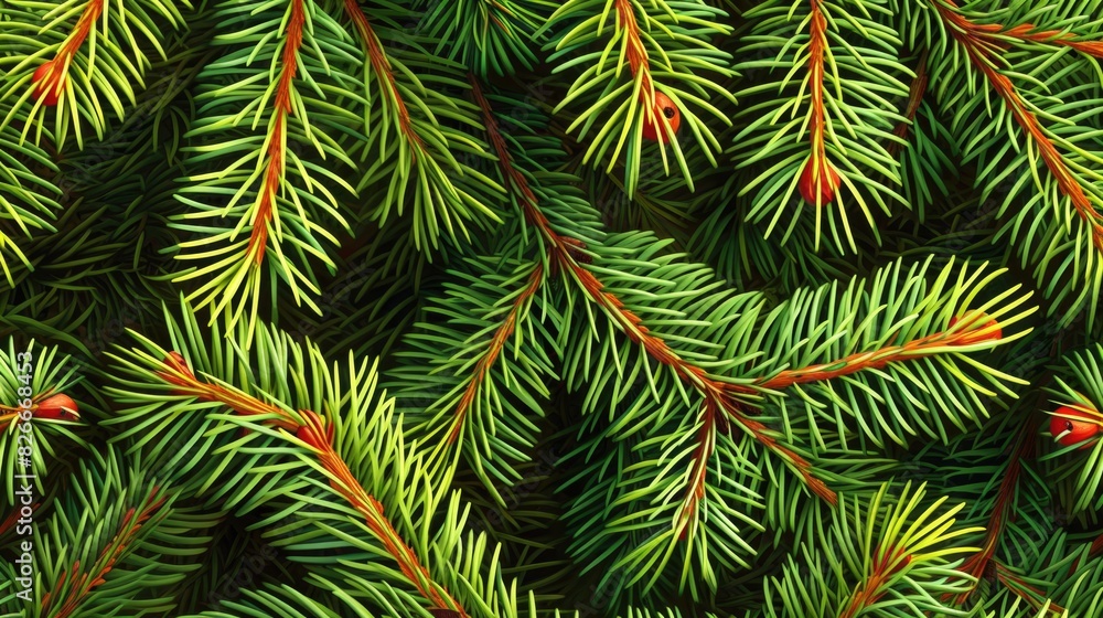 Poster a close up of green pine needles with red tips. the needles are arranged in a way that creates a sen