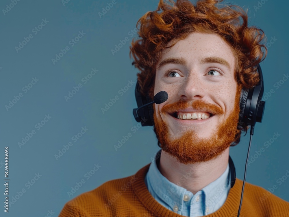 Poster a man with a red beard and a headset on his head. he is smiling and looking at the camera