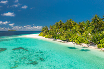 Paradise island. Aerial landscape view of tropical summer palm trees shadows on idyllic coast ocean waves. Beautiful Maldives drone view sunny sea sand sky exotic amazing nature. Luxury travel tourism