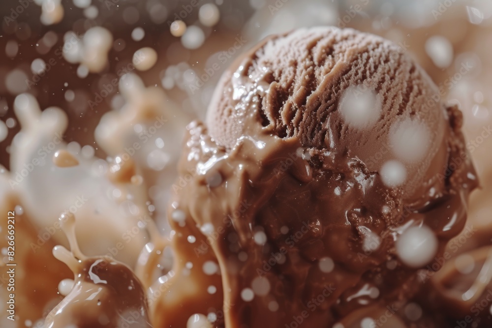 Poster a chocolate ice cream cone is splashing in a pool of milk. concept of fun and playfulness, as the ic