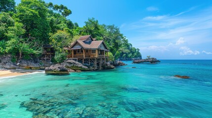 Serene Beach Scene with Exotic Bungalows