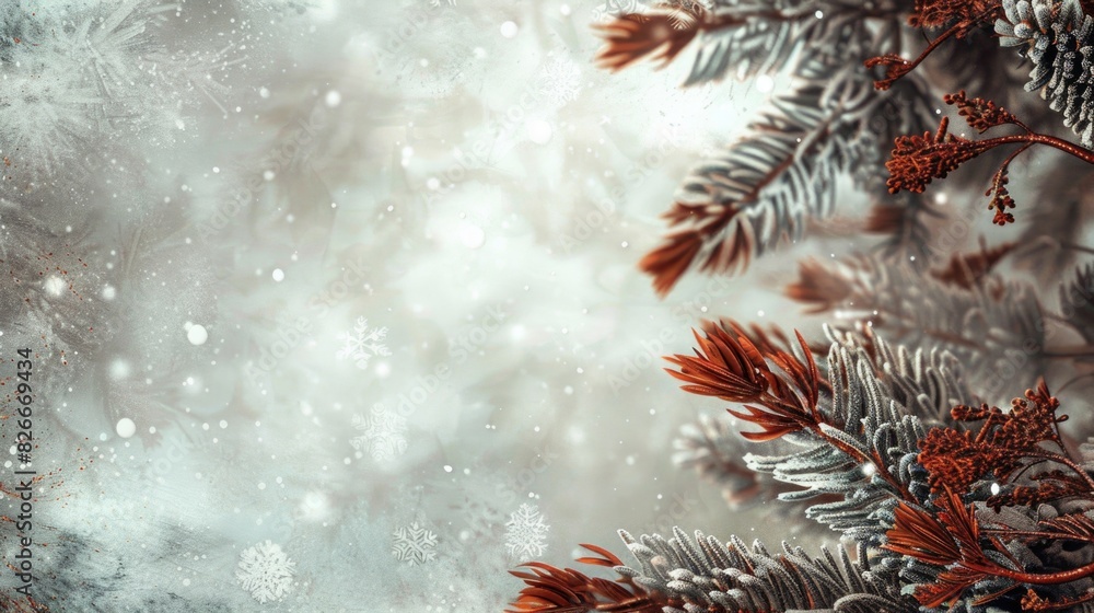 Poster a snowy background with a tree in the foreground. the tree has red and white branches. the snow is f