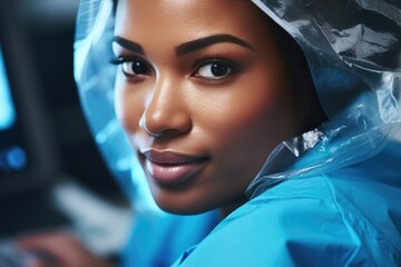A woman in a blue lab coat is smiling at the camera. She is wearing a plastic cap and gown, and her hair is pulled back - Powered by Adobe