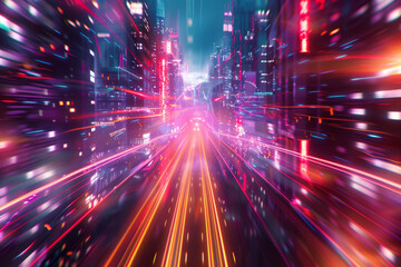 Fototapeta premium Abstract background with light trails moving fast in city at night, speed motion blur on road and futuristic architecture. High technology concept. Abstract glowing lines