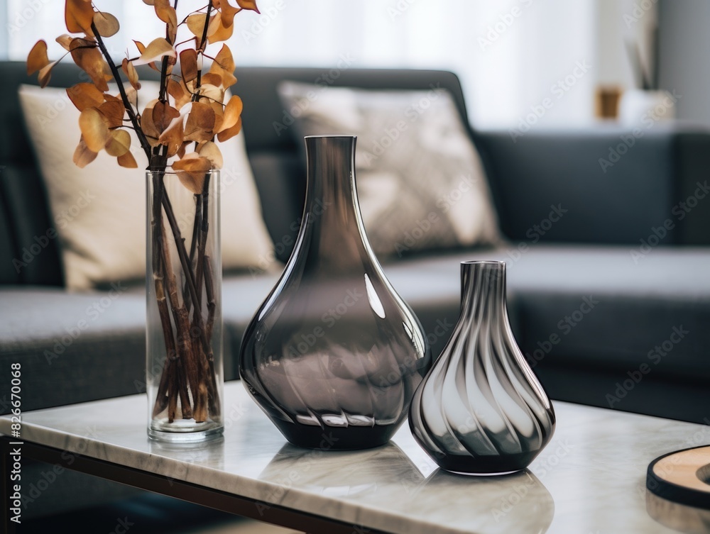 Poster A table with a vase and two other vases on it. The vases are different shapes and sizes, and there are some flowers in the vase. The table is in a living room, and there is a couch in the background