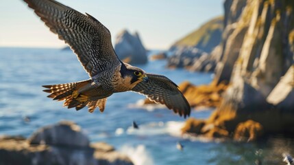 A bird is flying over the ocean and rocks. The sky is blue and the ocean is calm