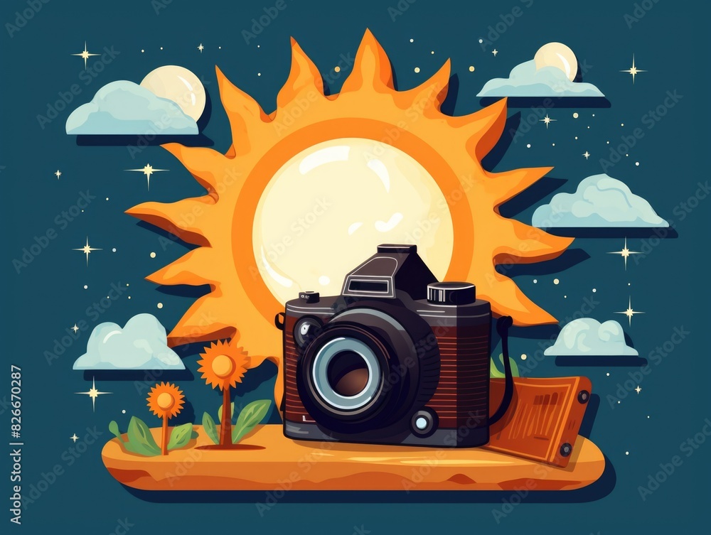 Poster a camera is placed on a table with a sun and flowers in the background. scene is warm and inviting, 