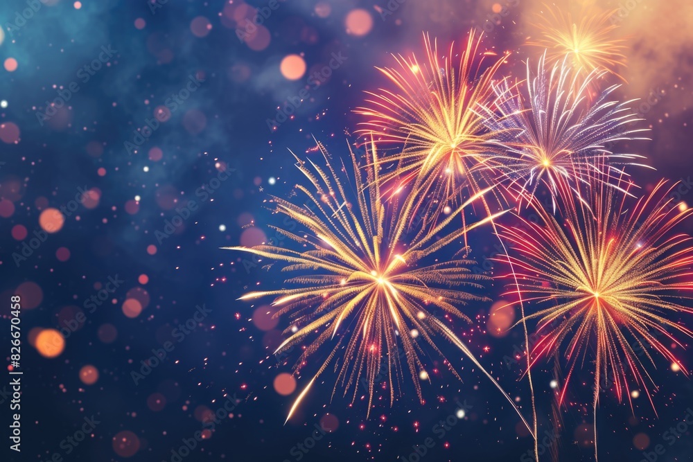 Poster a fireworks display in the sky with a blue background. the fireworks are in different colors and are
