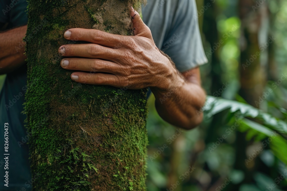 Aufkleber a man is hugging a tree with moss on it. concept of connection and appreciation for nature