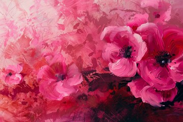 Vibrant abstract painting with rich pink and red flowers against a textured backdrop