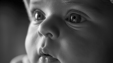 Naklejka premium A baby with a black and white photo of his face. The baby has a big, wide open mouth and is looking at the camera