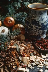 A bowl of spices and herbs is on a table next to a vase. The spices include cinnamon, nutmeg, and cloves. The bowl is surrounded by pine needles and other natural elements, creating a cozy