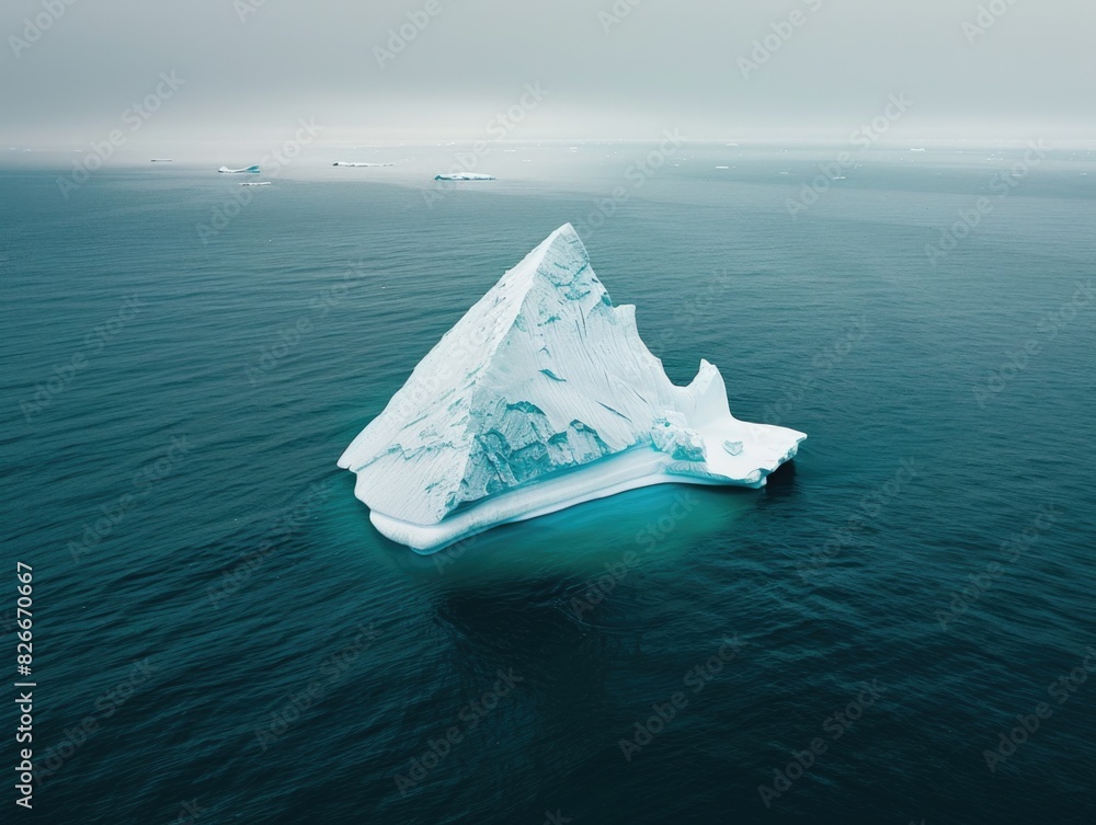 Poster a large ice block floating in the ocean. the ice is surrounded by water and the sky is cloudy