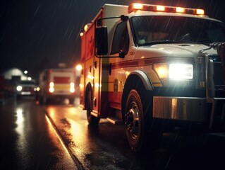 A white ambulance with red and yellow stripes is driving down a wet road. The scene is dark and rainy, with the ambulance being the only vehicle on the road