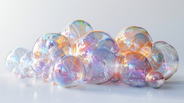 A cluster of iridescent soap bubbles resting on a white background, showcasing the delicate colors and patterns within each bubble.