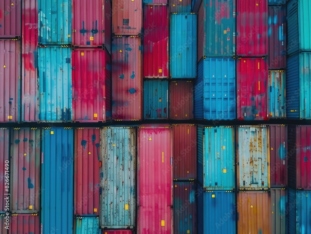 Poster a colorful image of a stack of shipping containers with a blue and red color scheme. concept of indu