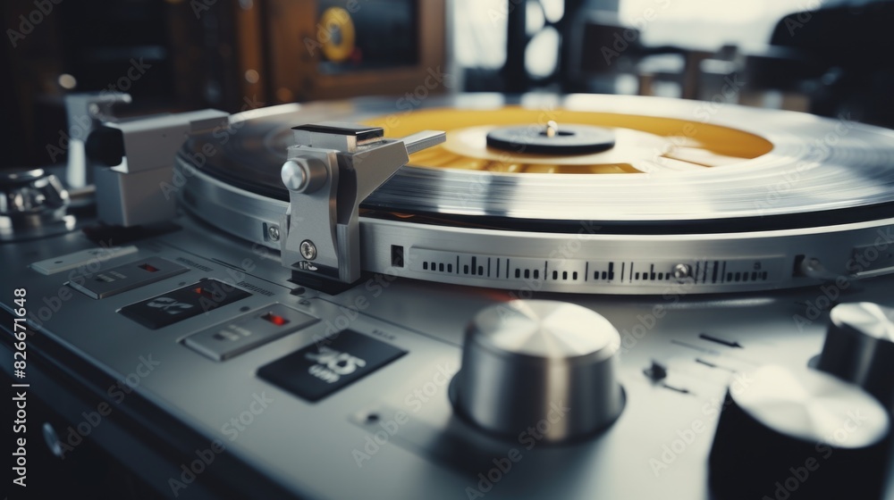 Poster a record player with a yellow and silver record on it