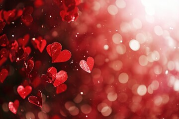 A red background with many red hearts scattered throughout. The hearts are small and delicate, and the overall mood of the image is one of love and romance