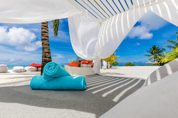 White beach tents canopies. Luxury couple tourism. Wonderful view of beach shore, luxury vacation...