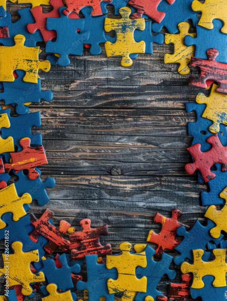 Poster A jigsaw puzzle with a blue, yellow, and red border. The puzzle pieces are scattered around the frame, creating a sense of chaos and disarray. The image conveys a feeling of frustration and confusion