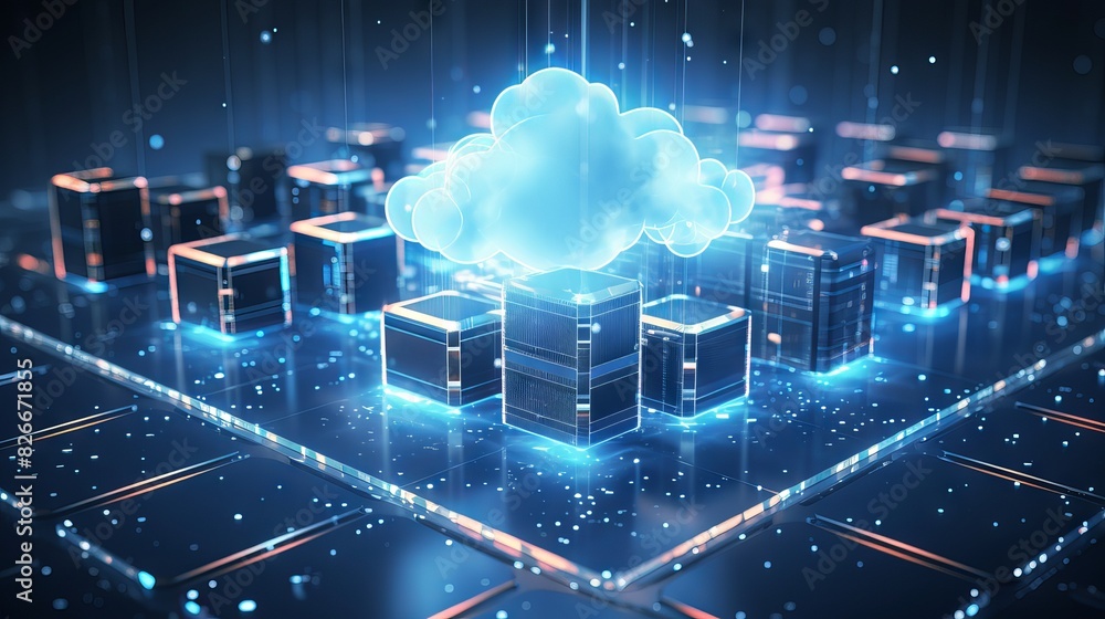 Poster 3d futuristic interface: cloud computing & data storage for business networks.