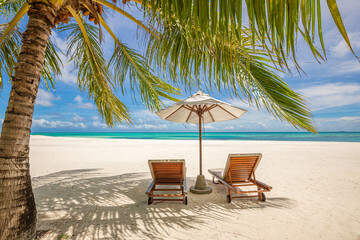 Beautiful panoramic sea sand sky. Tropical relax beach sunny summer island landscape. Love couple chairs umbrella palm leaves romantic coast. Luxury travel destination. Honeymoon vacation best holiday