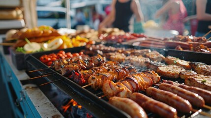A grill is full of food, including hot dogs and sausages. The grill is on a table and there are several people around it