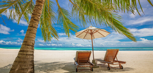 Beautiful panoramic sea sand sky. Tropical relax beach sunny summer island landscape. Love couple...