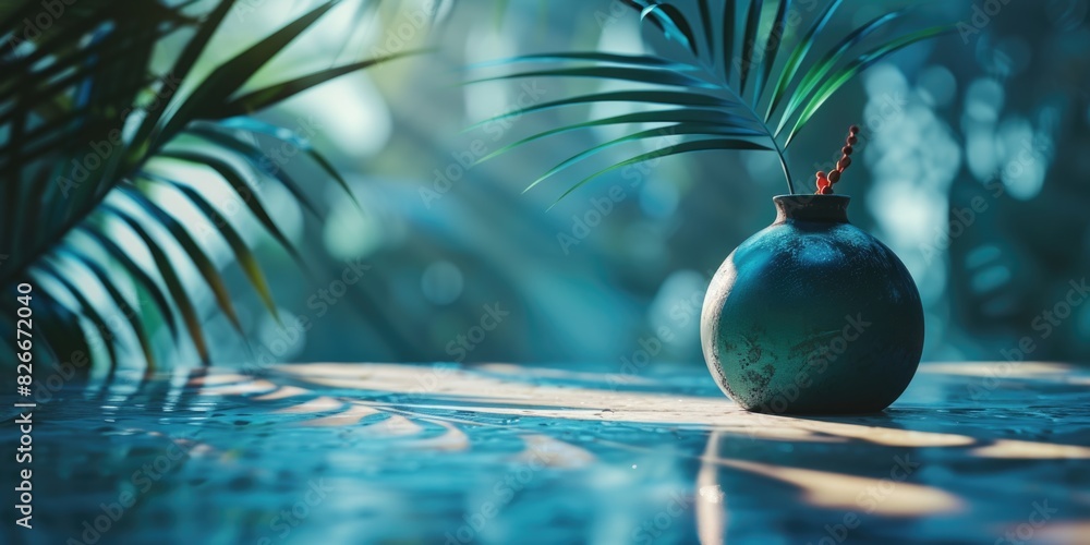 Poster a vase with a red flower in it sits on a table in front of a palm tree. the vase is filled with wate