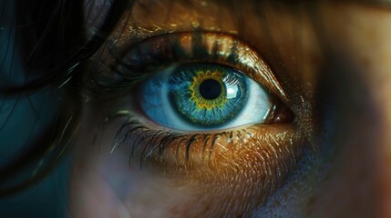 A close up of a person's eye with a yellow spot in the center. The eye is surrounded by a blurry background