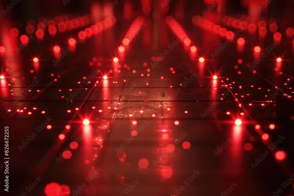 Poster a red background with many red lights. the lights are shining brightly and creating a sense of excit
