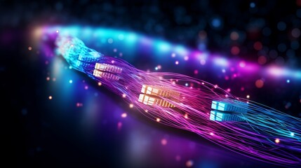 Abstract fiber optic cable network with futuristic 5g connection in data center, representing cutting-edge digital and web science technology.
