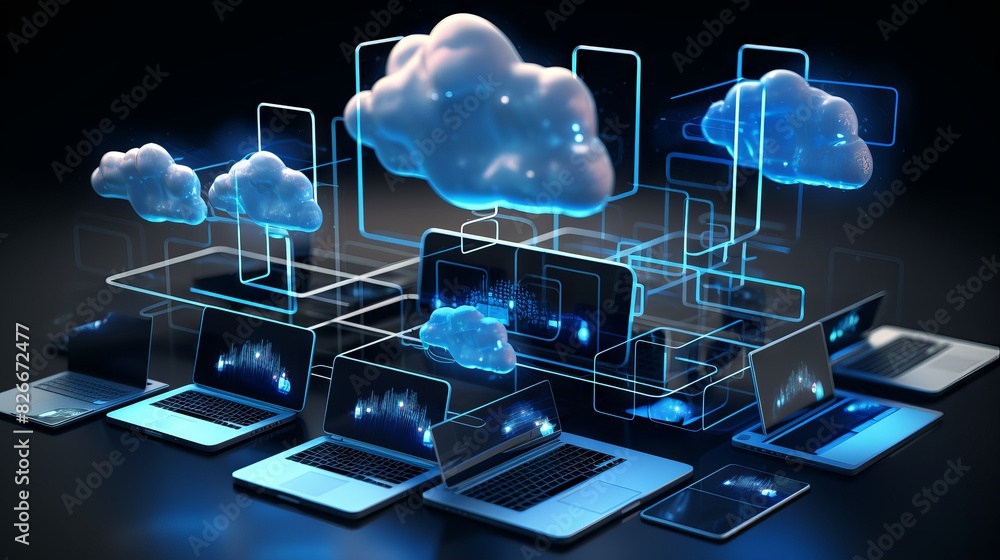 Poster connected devices accessing cloud storage in data center: smart home and iot integration with laptop