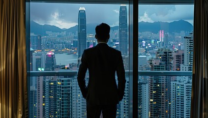 A businessman stands at the hotel window in the evening in a suit and looks into the distance. The concept of business success.