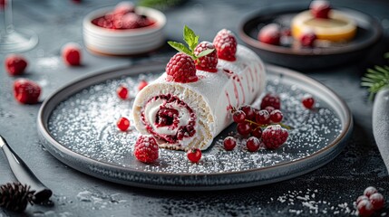 Raspberry roll on a large platter sprinkled with powdered sugar. The concept of an exquisite dessert.