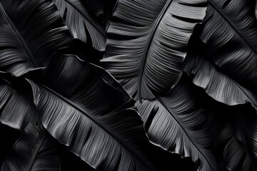 The image is a close up of black leaves with a black background. The leaves are arranged in a way that creates a sense of depth and texture