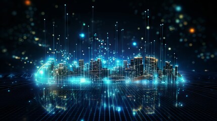 Big data connection technology concept with digital network visualization and futuristic interface in a high-tech urban environment


