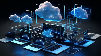 Connected devices accessing cloud storage in data center: smart home and iot integration with laptops, tablets, phones, and domestic devices utilizing cloud computing technology.

