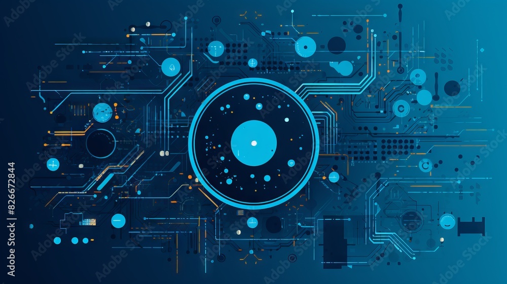 Poster modern technology vector illustration on blue background featuring digital network connections and f