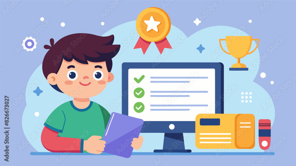 Poster a video gaemed certificate design featuring a child as the main character completing various challen