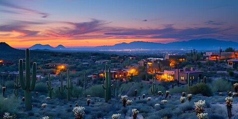 Obraz premium Desert town with tall cacti under colorful evening sky centered copy space selective focus. Concept Desert Landscape, Cacti, Colorful Sky, Copy Space, Selective Focus