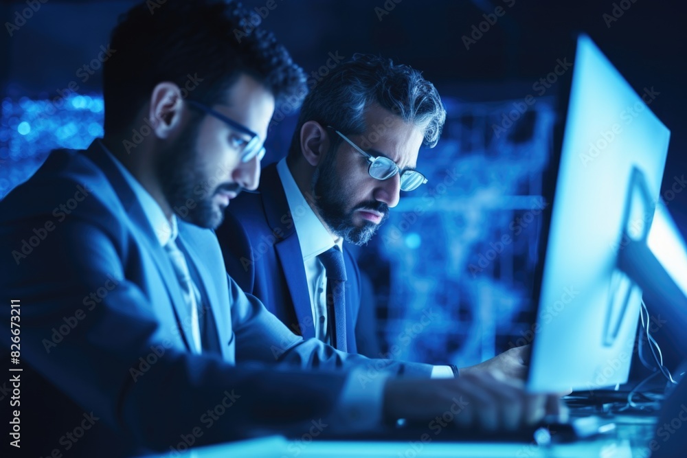 Aufkleber two men in suits are working on a computer monitor. one of them is wearing glasses. concept of profe