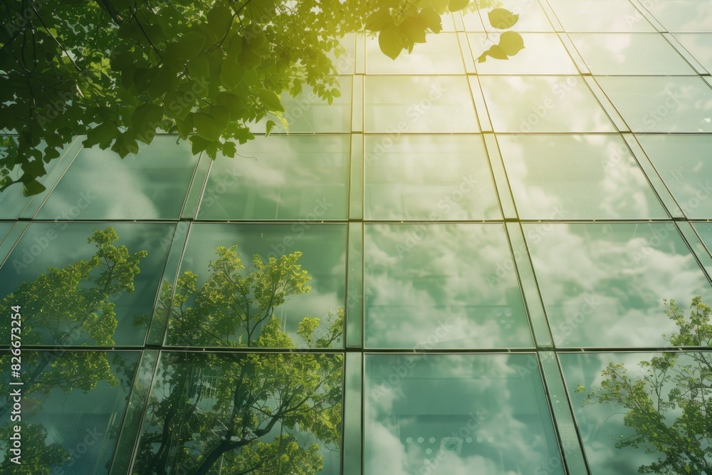 Poster a building with a lot of glass windows and trees in the background. the trees are reflected in the w