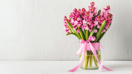 Photo of a bouquet of pink hyacinths in a glass jar, tied with a pink ribbon, against a light gray background, creating a fresh and elegant look.