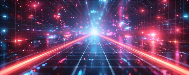 Naklejka premium Neon Wave Futuristic Space with Glowing Light, To evoke a sense of wonder and exploration in a futuristic digital world, ideal for technology, scifi,